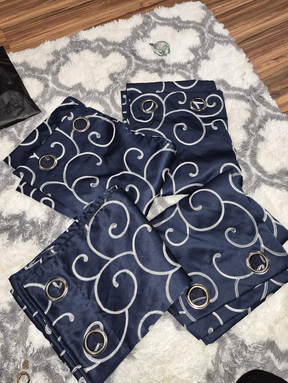 Navy Blue Decorative Grommet Curtains with Silver Swirl Embroidery